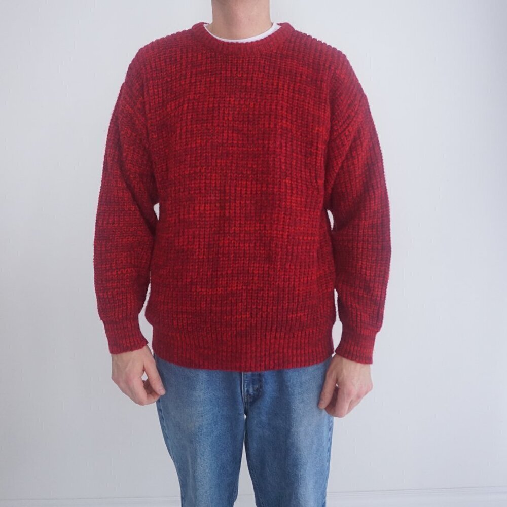 Vintage '90S Boundary Waters Red Eclectic Grandpa Knit Crewneck Sweater Large